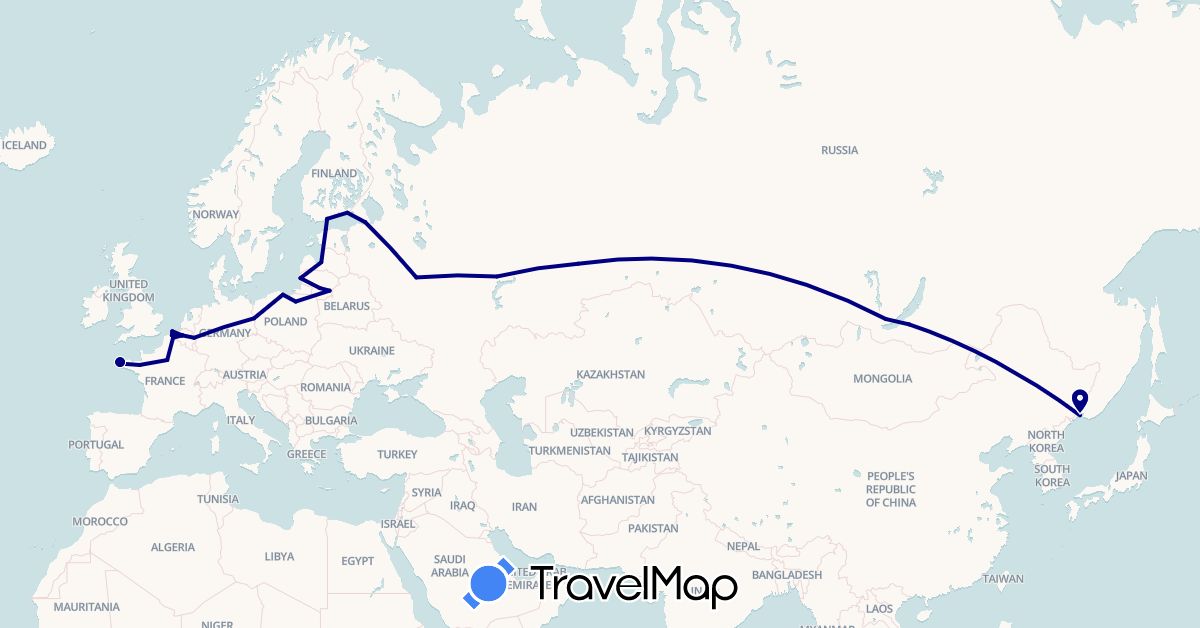 TravelMap itinerary: driving in Belgium, Germany, Estonia, Finland, France, Lithuania, Latvia, Poland, Russia (Europe)